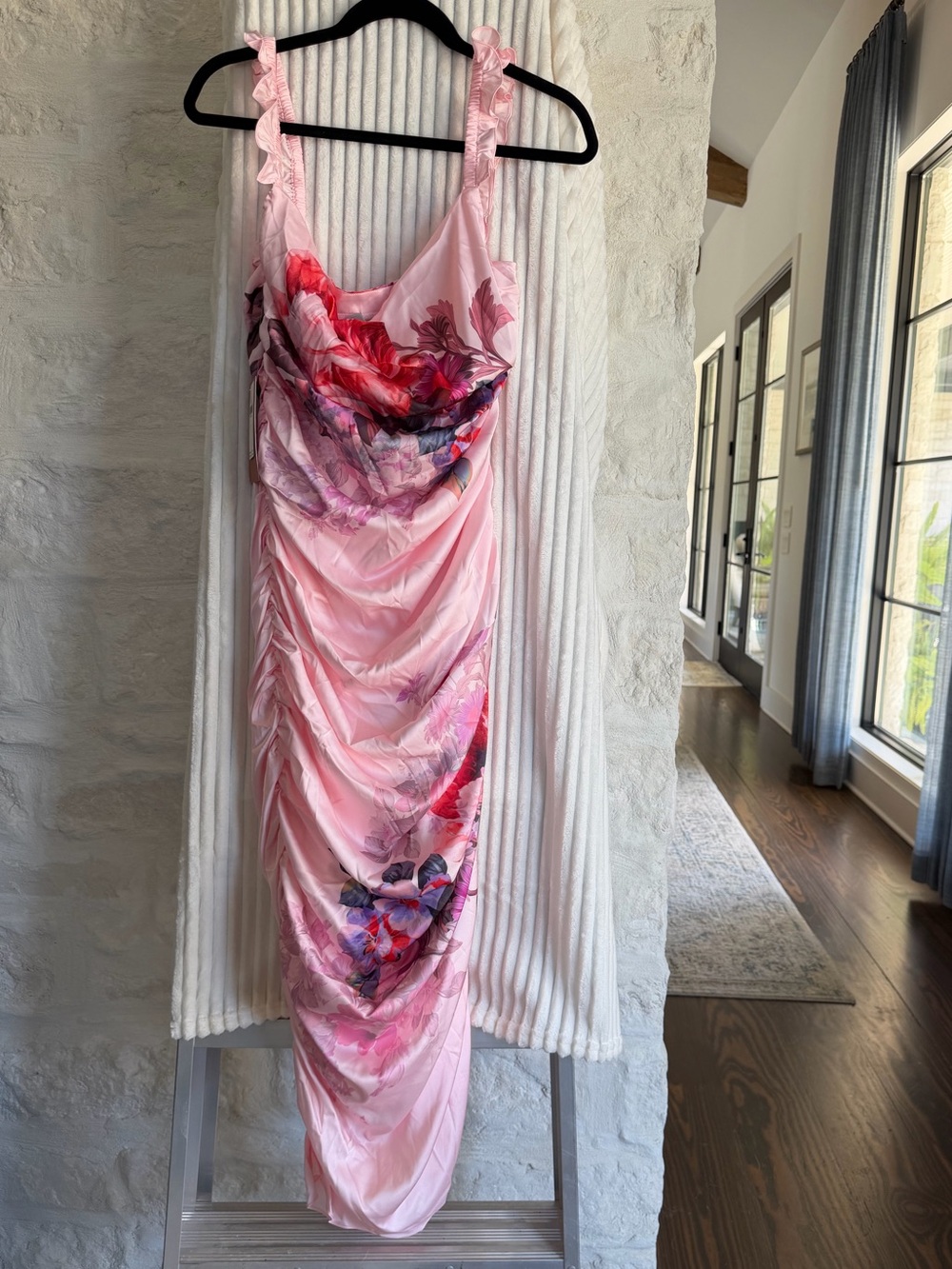 BHLDN Pink Floral Ruched Midi Dress - Picture 1 of 8